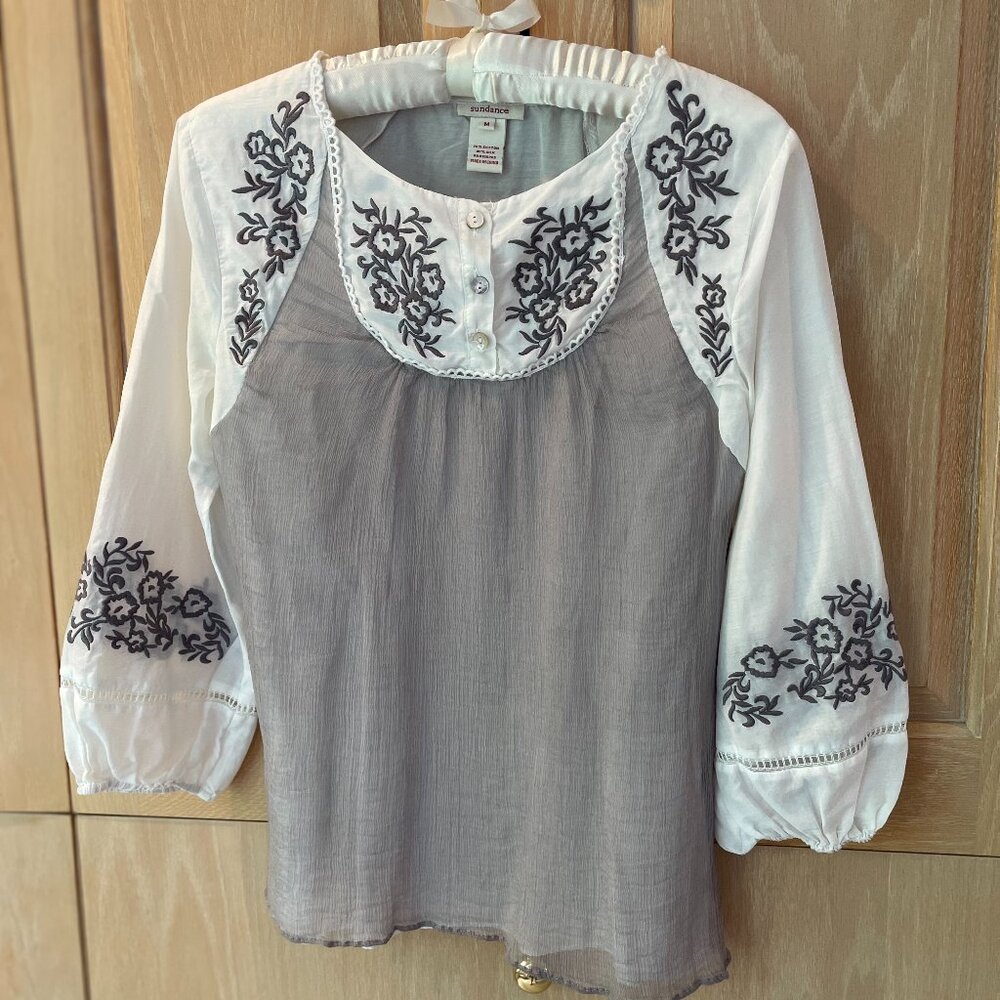 Sundance Embrodiered 3/4-Sleeve Blouse in Gray, Cream & Black